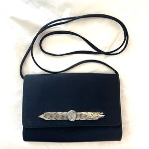 Vintage Givenchy Paris Art Deco Jewel Black Small Evening SatinBag Clutch Strap